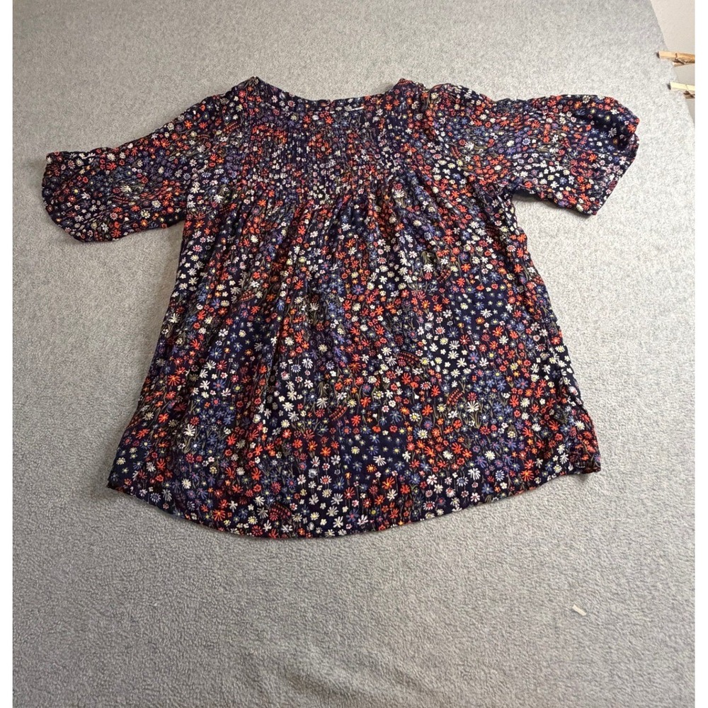 Gap Floral Smocked Yoke Top XS Navy Blue Multi Short Sleeve XS